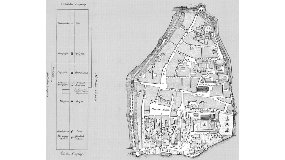 Vergleich der Grösse von Crystal Palace und Schaffhauser Altstadt (Quelle: Ferrum Nr. 66, 1994)